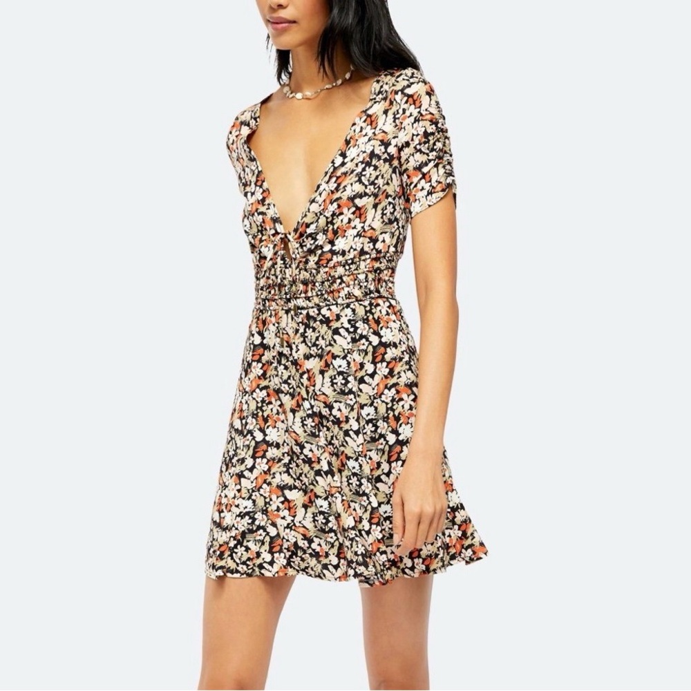 Free People Forget Me Not Mini V Neck Dress Size 4 Small Black/Orange Floral